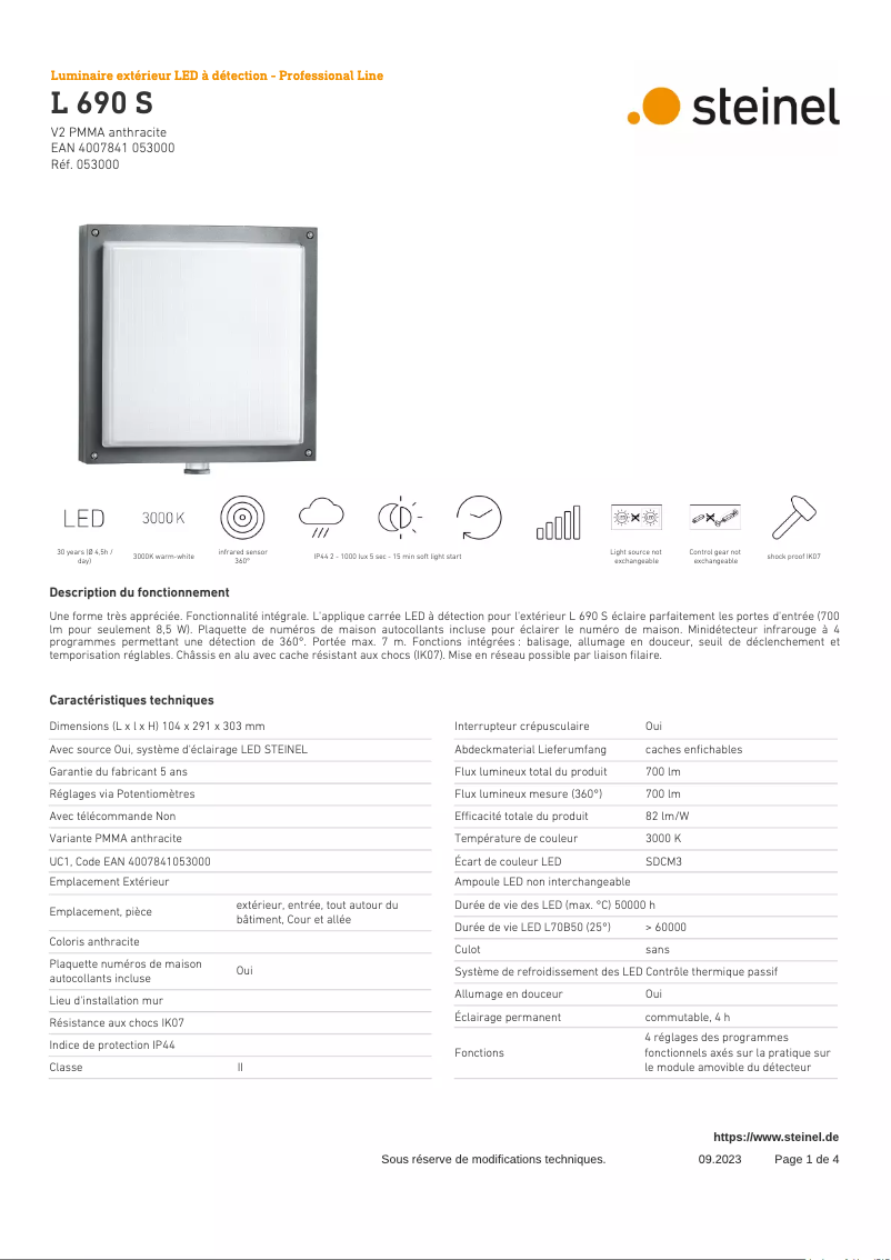 Page 1 de la notice Fiche technique Steinel L 690 S
