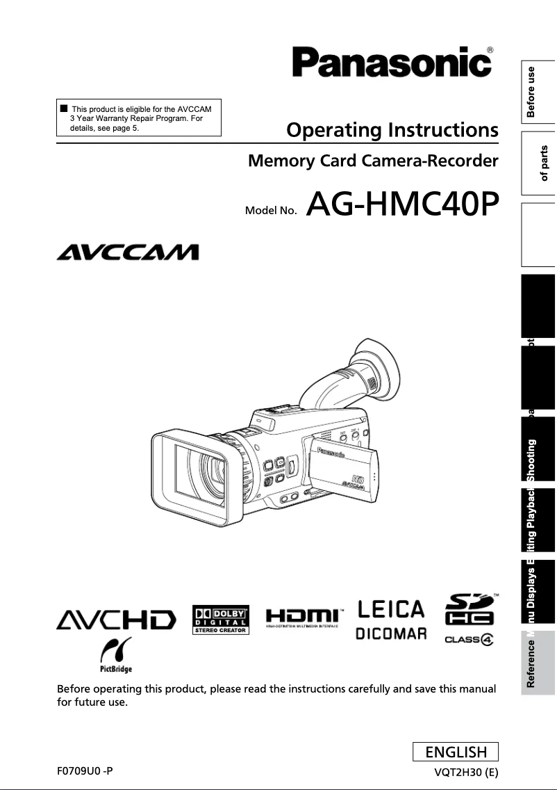 Page 1 de la notice Manuel utilisateur Panasonic AG-HMC40P