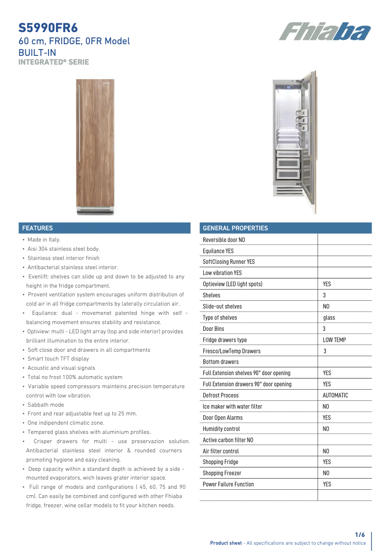 Page 1 de la notice Fiche technique Fhiaba S5990FR6A