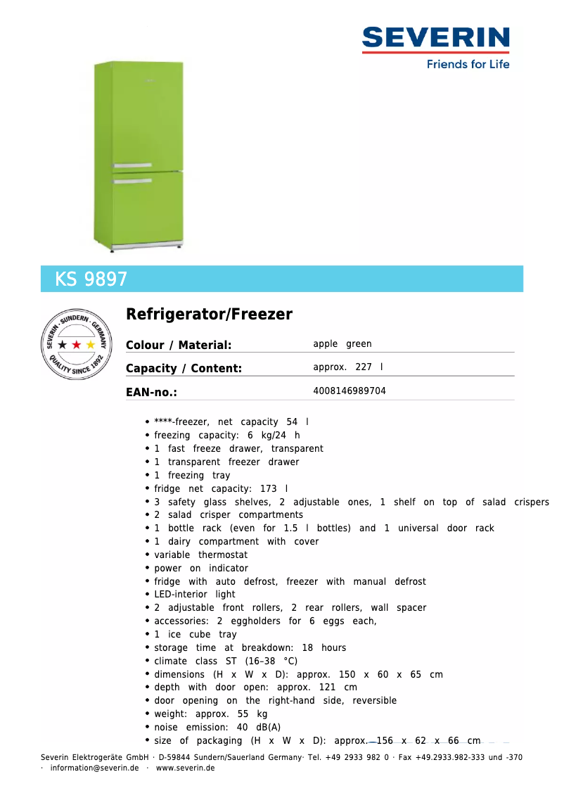 Page 1 de la notice Fiche technique Severin KS 9897
