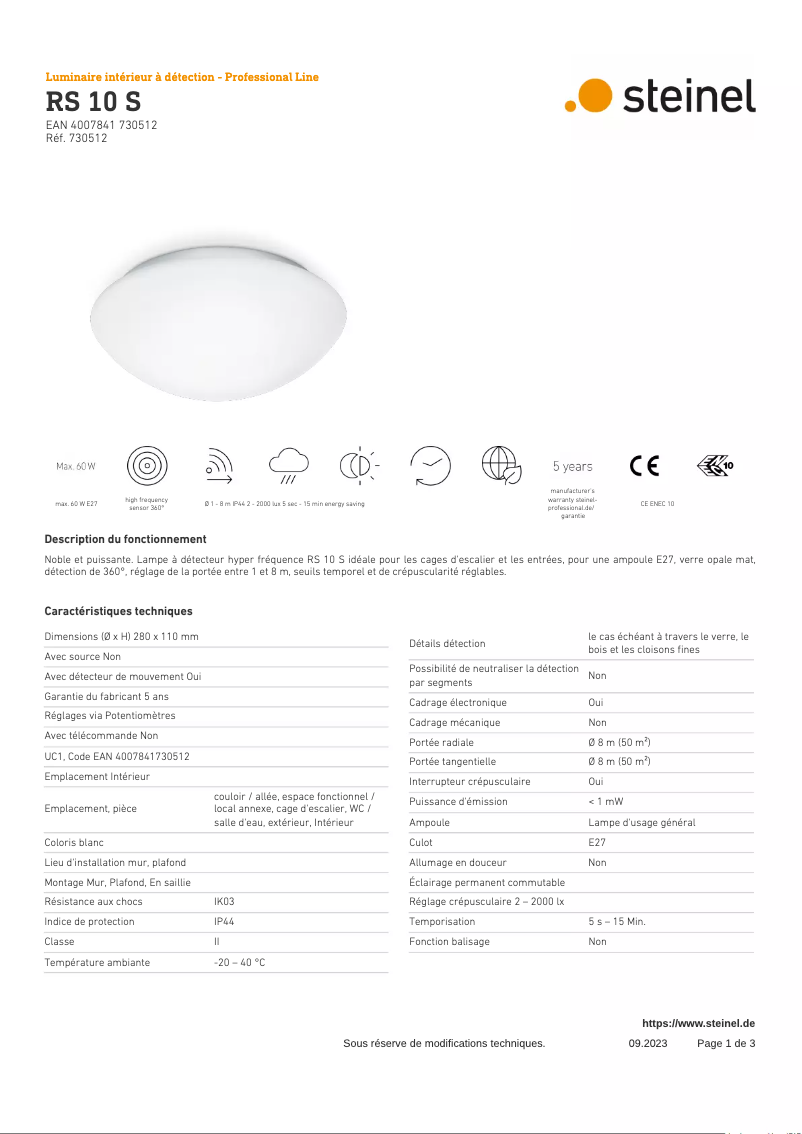 Page 1 de la notice Fiche technique Steinel RS 10 S
