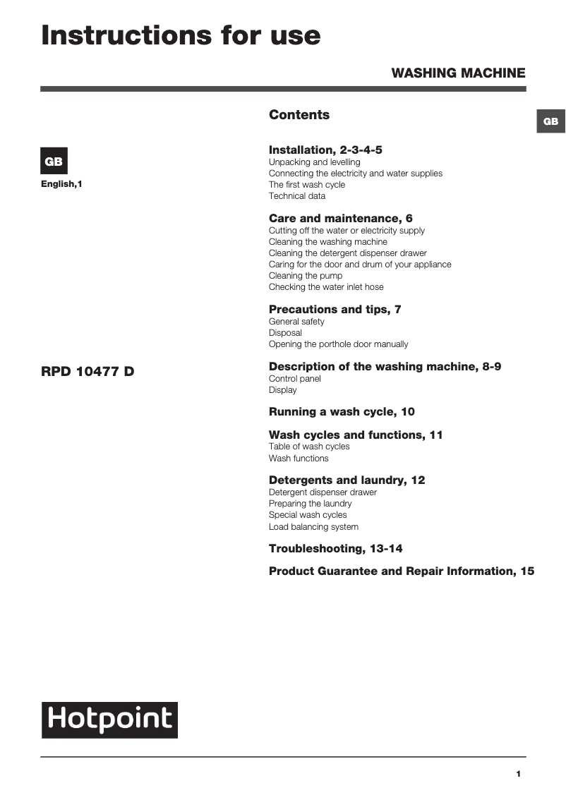 Página 1 del manual Manual de usuario Hotpoint RPD 10477 DD UK/1