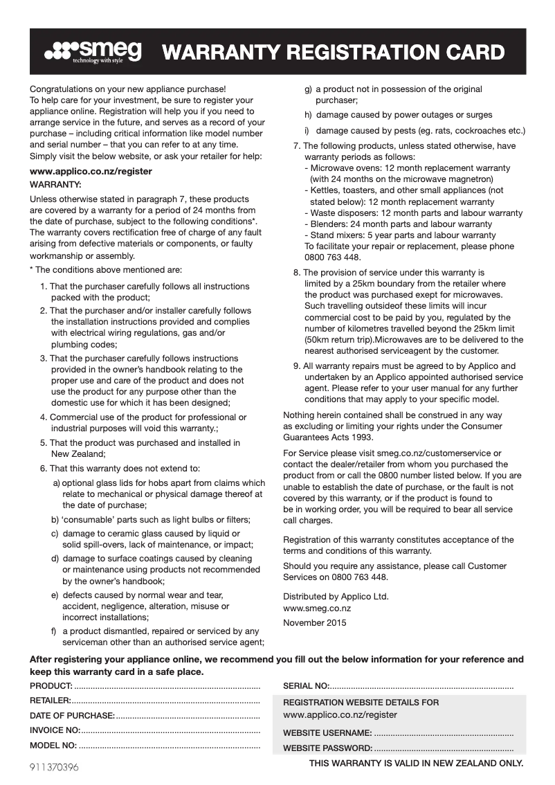 Page 1 de la notice Informations de garantie Smeg PVL675LCNAU