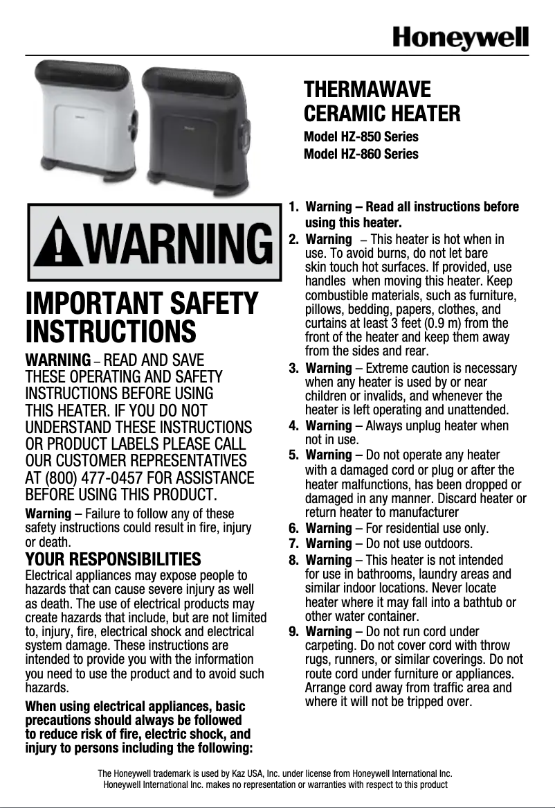 Page 1 de la notice Manuel utilisateur Honeywell EnergySmart ThermaWave HZ-860