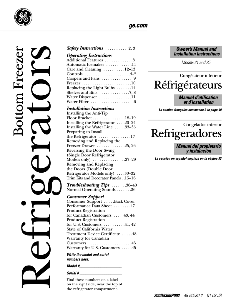 Page n°1 - Manuel d'utilisation et d'entretien GE Profile PFCF1PJXBB