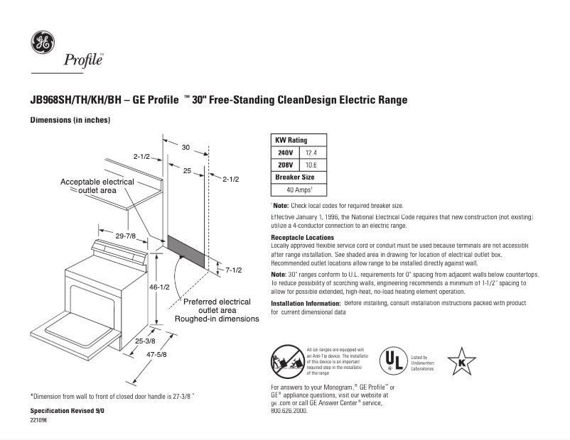 Page 1 of the manual Technical Sheet GE Profile JB968THWW