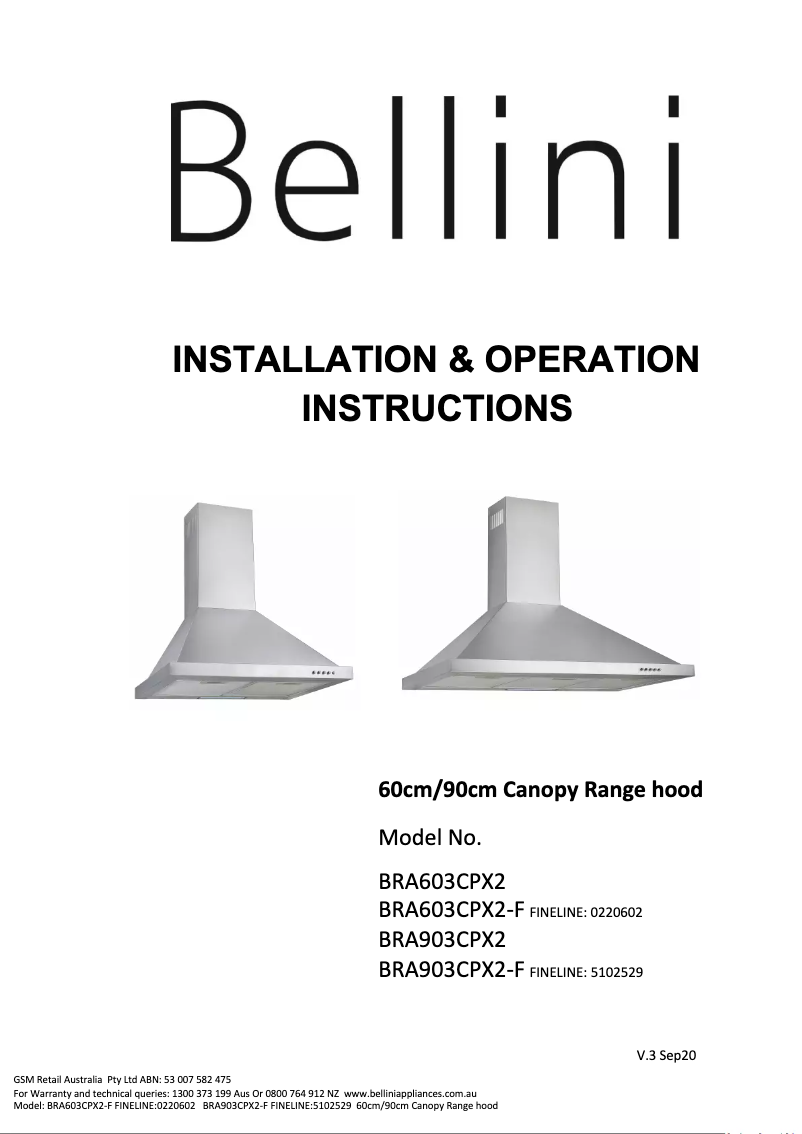 Page 1 de la notice Manuel utilisateur Bellini BRA903CPX