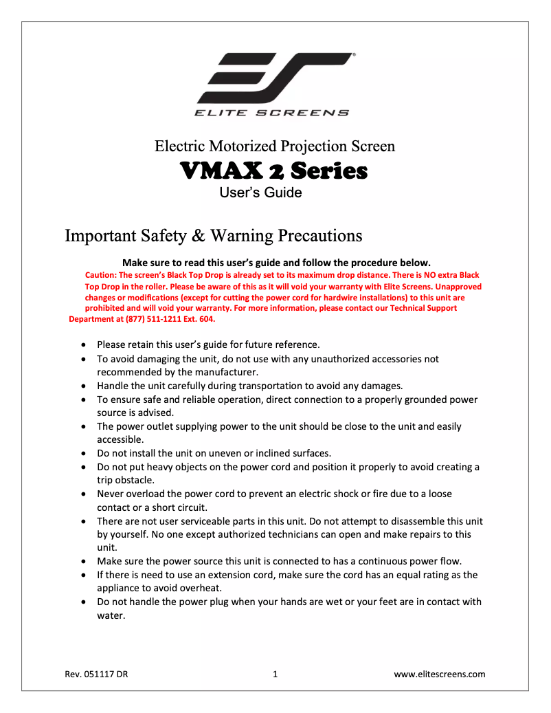 Page 1 de la notice Manuel utilisateur Elite Screens VMAX106UWH2