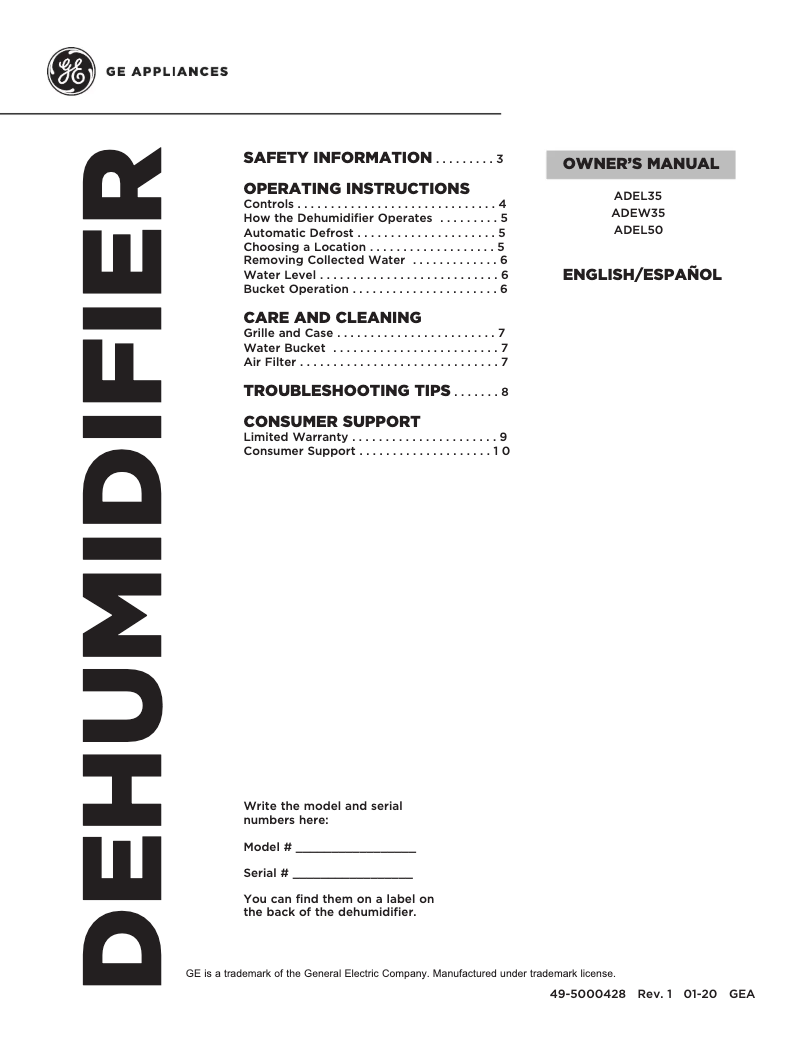 Page n°1 - Manuel utilisateur GE ADEL35LZ