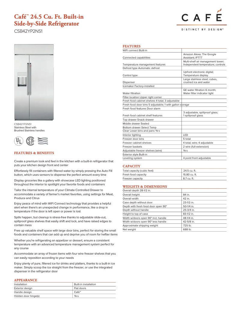 Page n°1 - Fiche technique GE Cafe CSB42YP2NS1