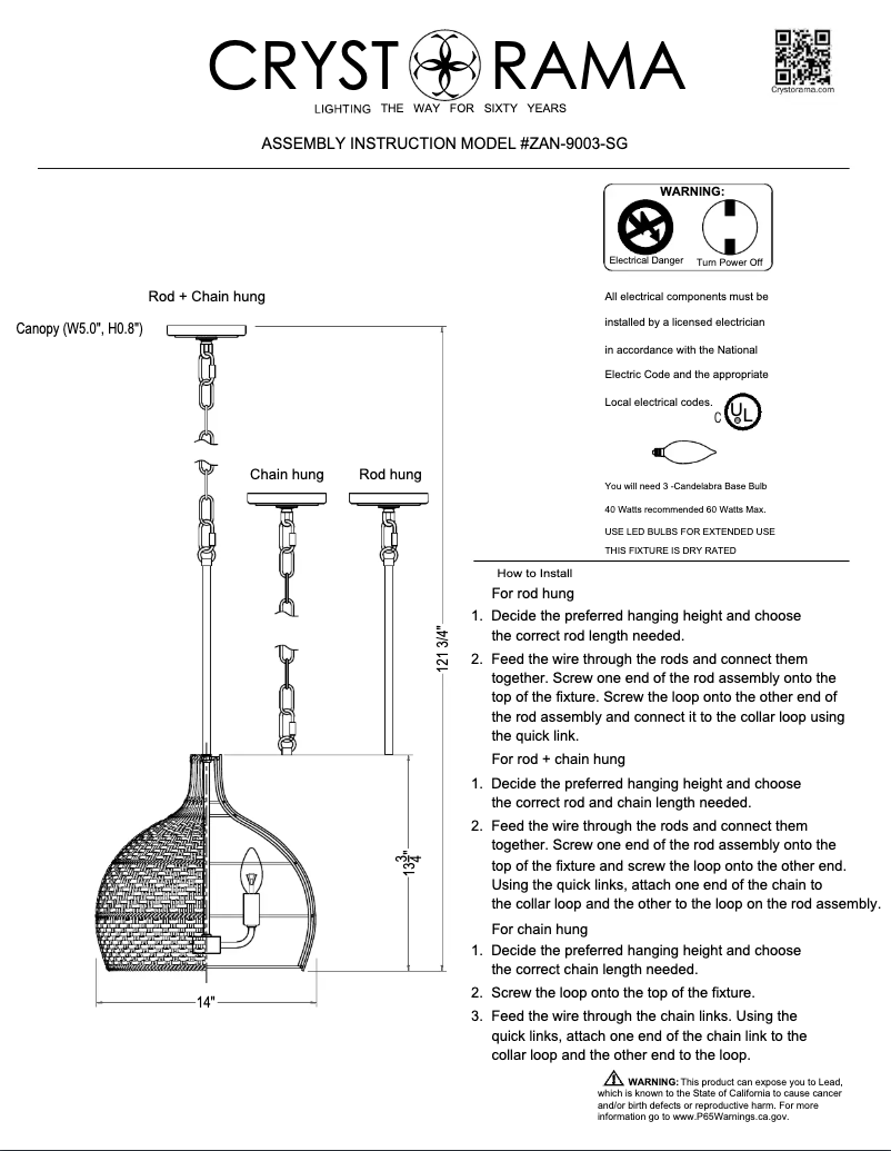 Page 1 de la notice Manuel utilisateur Crystorama Zanzibar ZAN-9003-SG