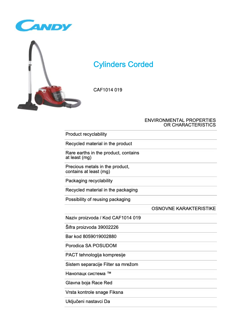 Page 1 de la notice Fiche technique Candy CAF1014 019