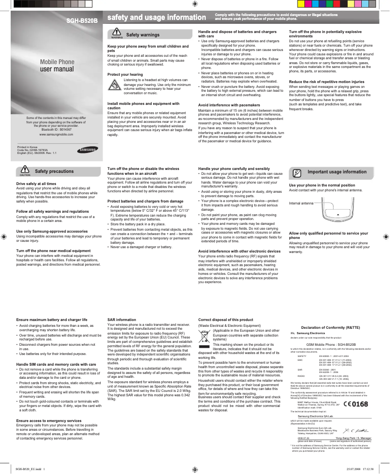 Page 1 de la notice Manuel utilisateur Samsung SGH-B520V