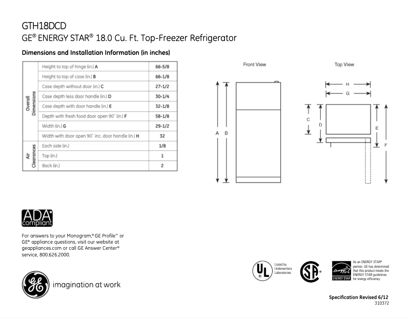 Página 1 del manual Ficha técnica GE GTH18DCDWW