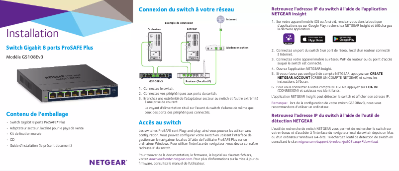 Page 1 de la notice Guide d'installation Netgear ProSafe GS108Ev3