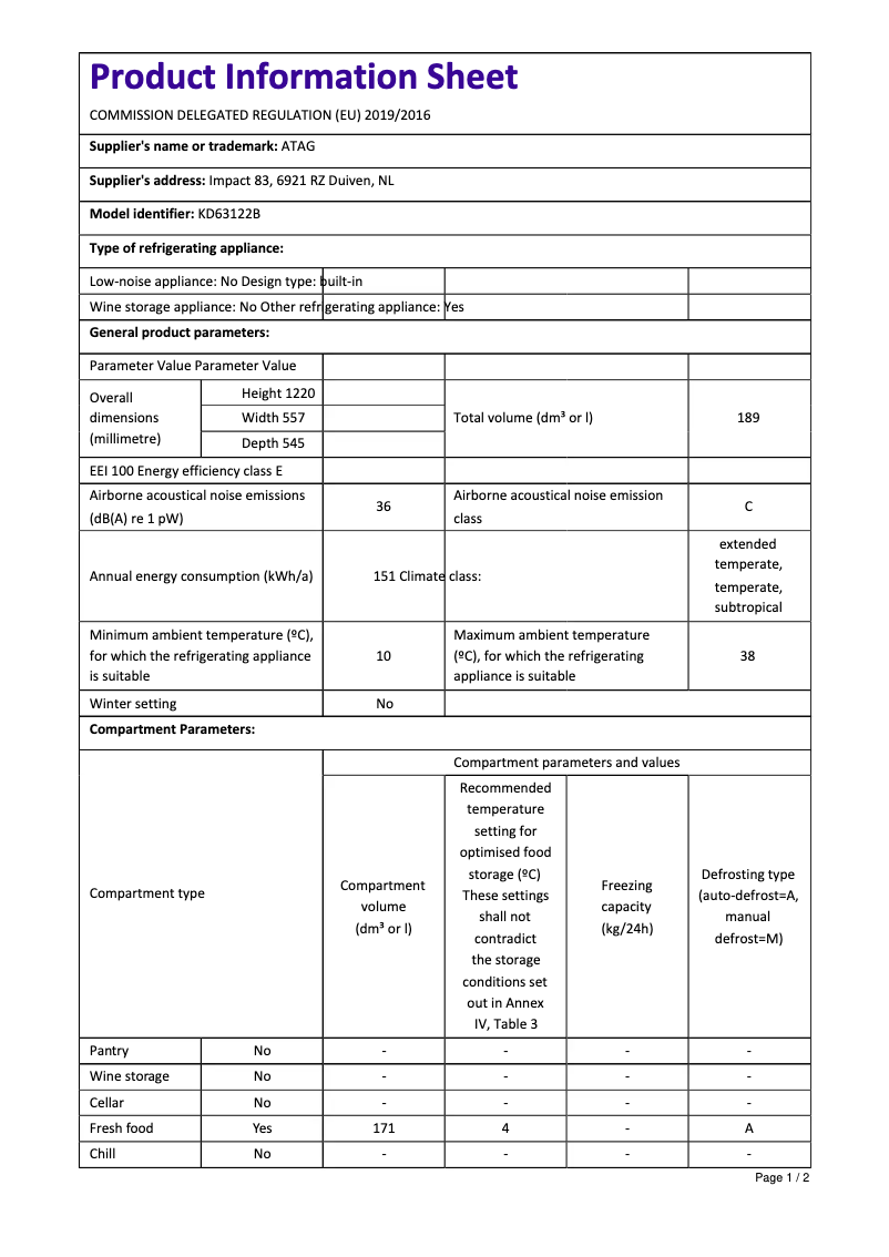 Página 1 del manual Ficha técnica Atag KD63122B