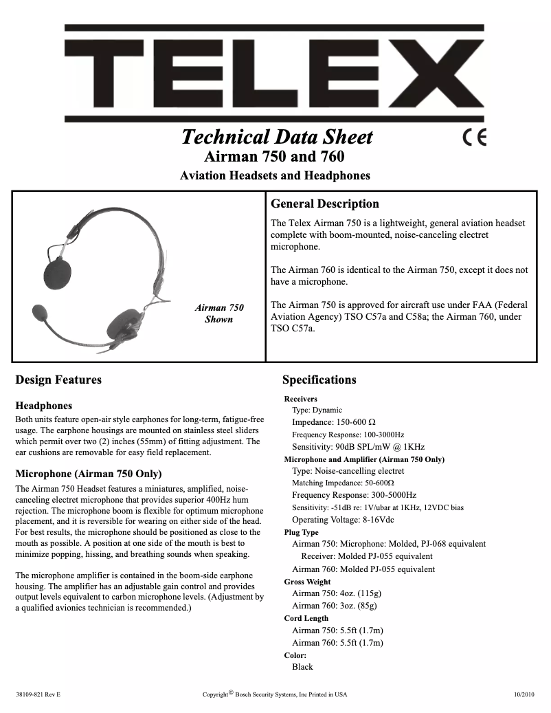 Página 1 del manual Ficha técnica Telex Airman 750