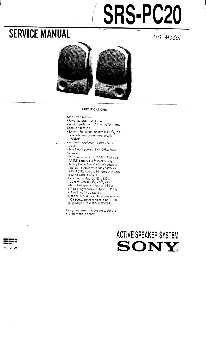 Page 1 de la notice Manuel utilisateur Sony SRS-PC20