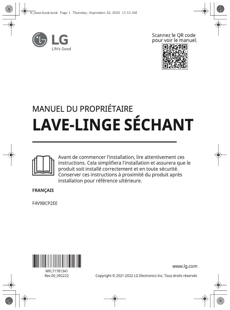 Page 1 de la notice Manuel utilisateur LG F4V9BCP2EE