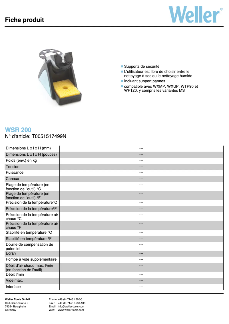 Page 1 de la notice Fiche technique Weller WSR 200