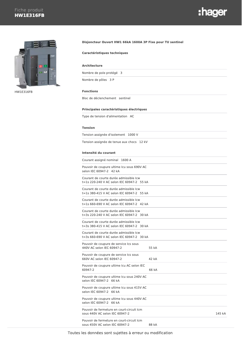 Page 1 de la notice Fiche technique Hager HW1E316FB