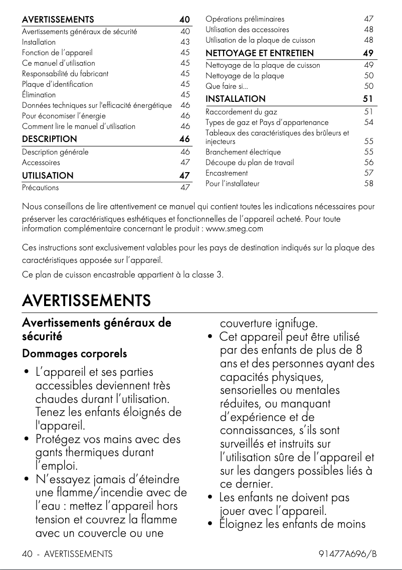 Página 1 del manual Información de garantía Smeg PS9062