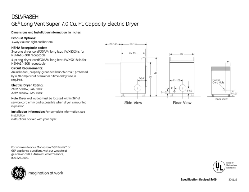 Página 1 del manual Ficha técnica GE DSLVR48EHWW
