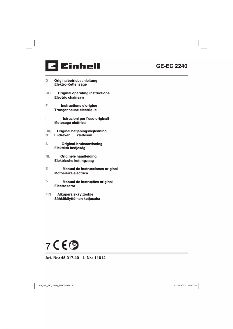 Page 1 de la notice Manuel utilisateur Einhell GE-EC 2240