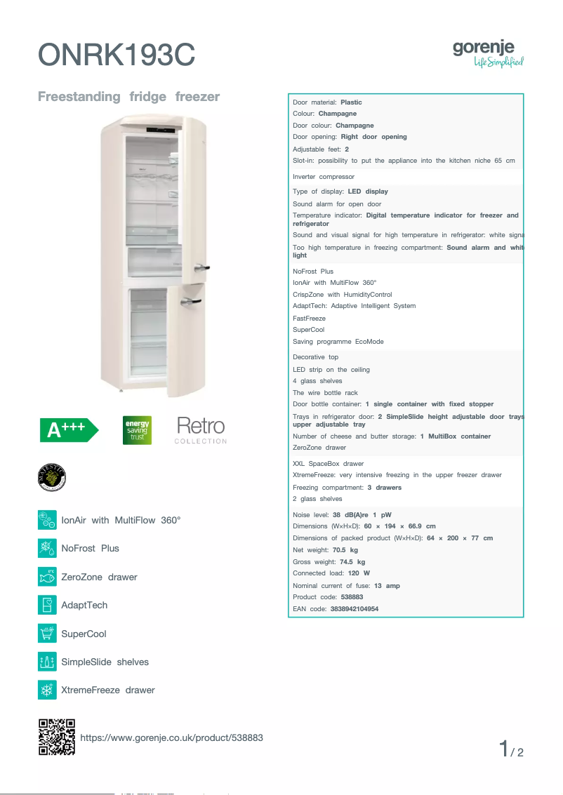 Página 1 del manual Ficha técnica Gorenje ONRK193C