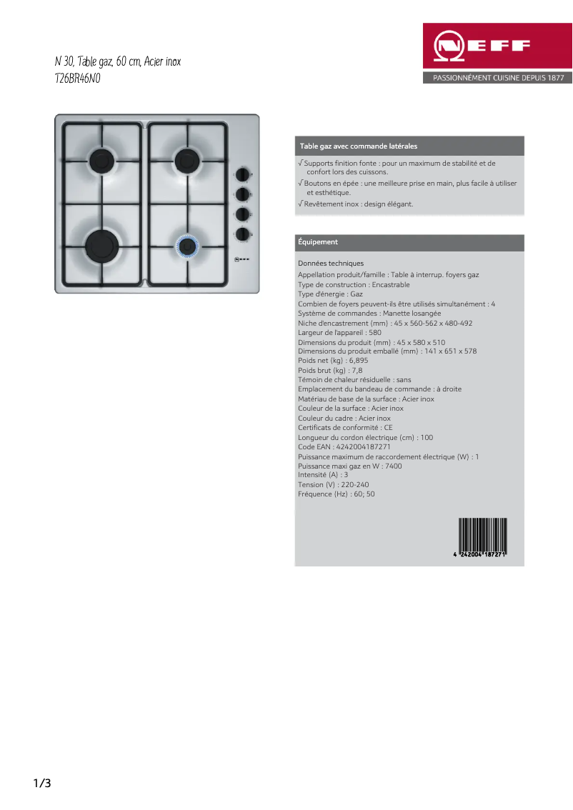 Page 1 de la notice Fiche technique Neff T26BR46N0