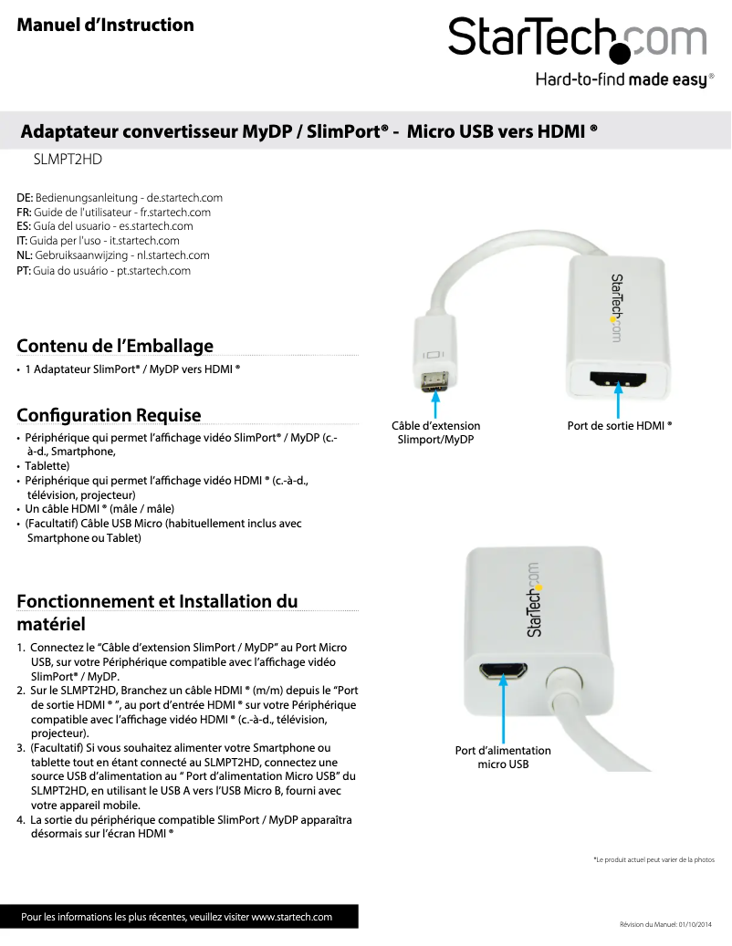 Page 1 de la notice Manuel utilisateur StarTech.com SLMPT2HD