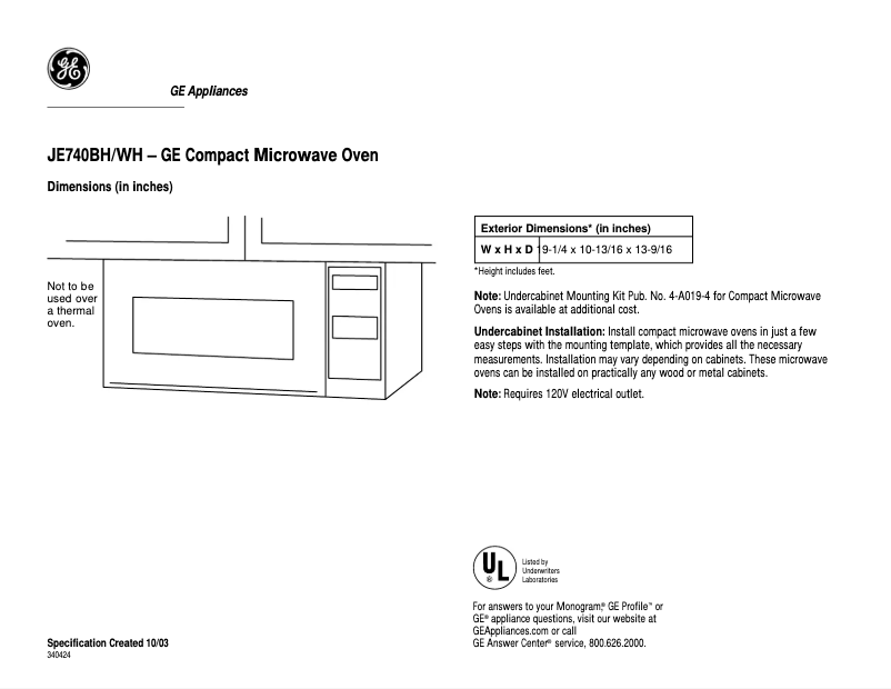Page 1 of the manual Technical Sheet GE JE740WH