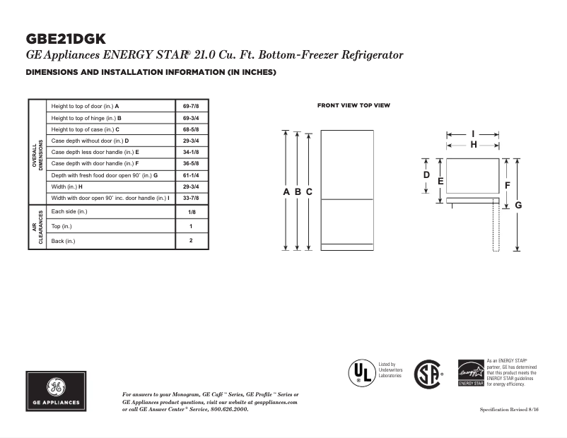 Page n°1 - Fiche technique GE GBE21DGKWW
