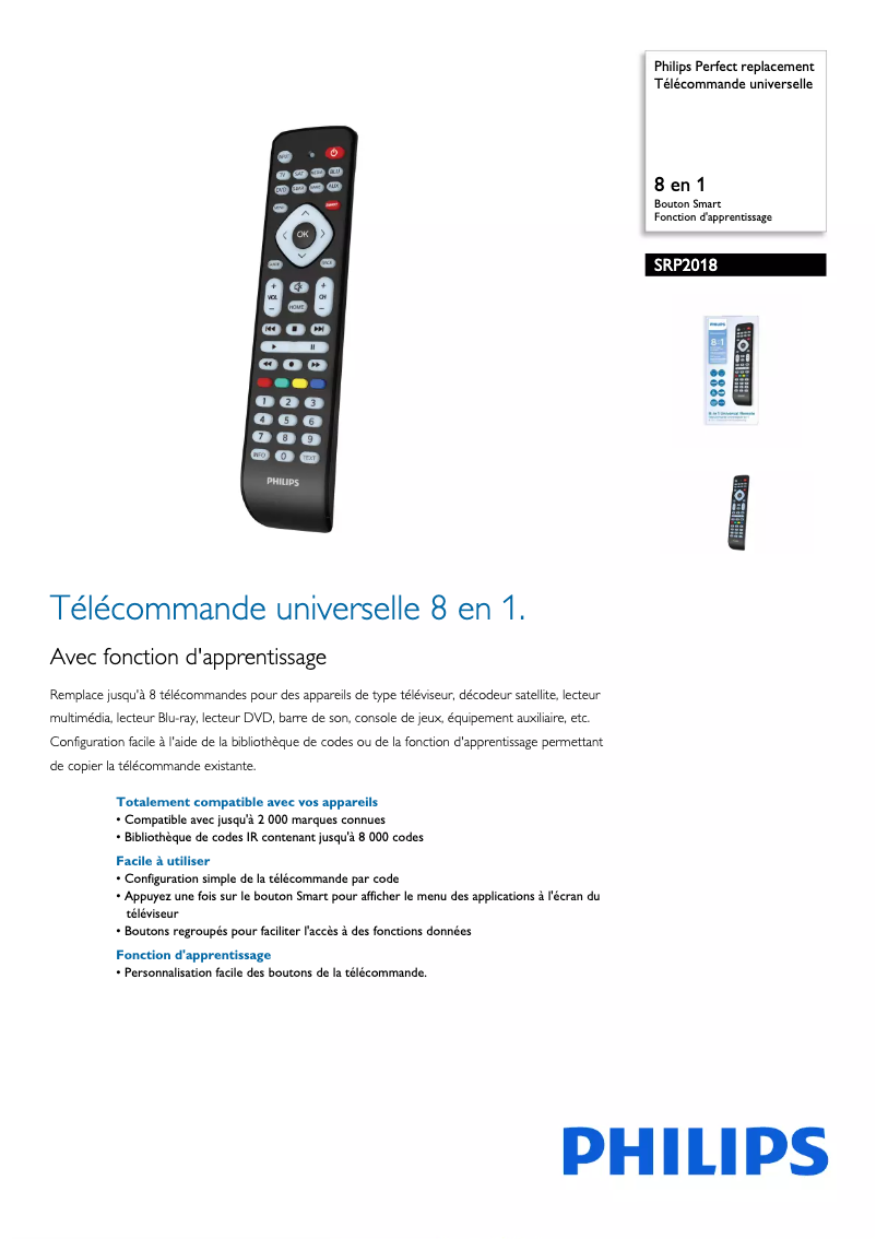 Page 1 de la notice Fiche technique Philips SRP2018