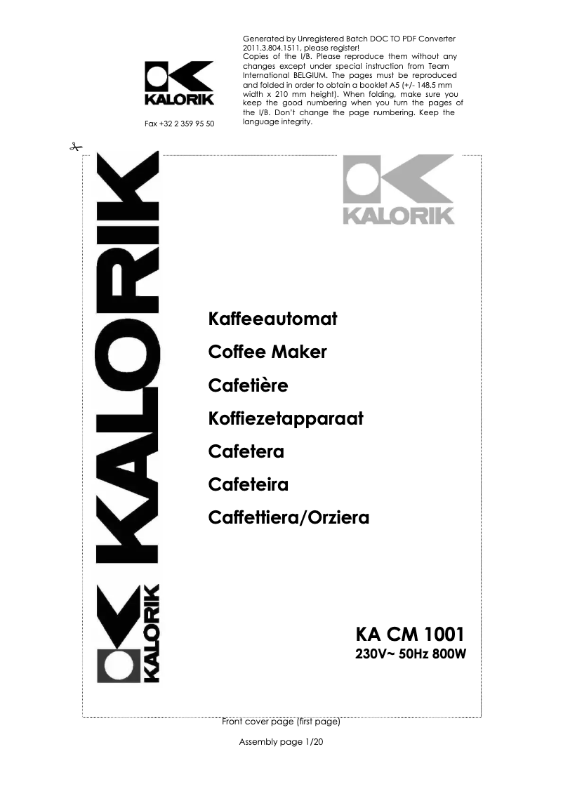Page 1 de la notice Manuel utilisateur Kalorik KA CM 1001