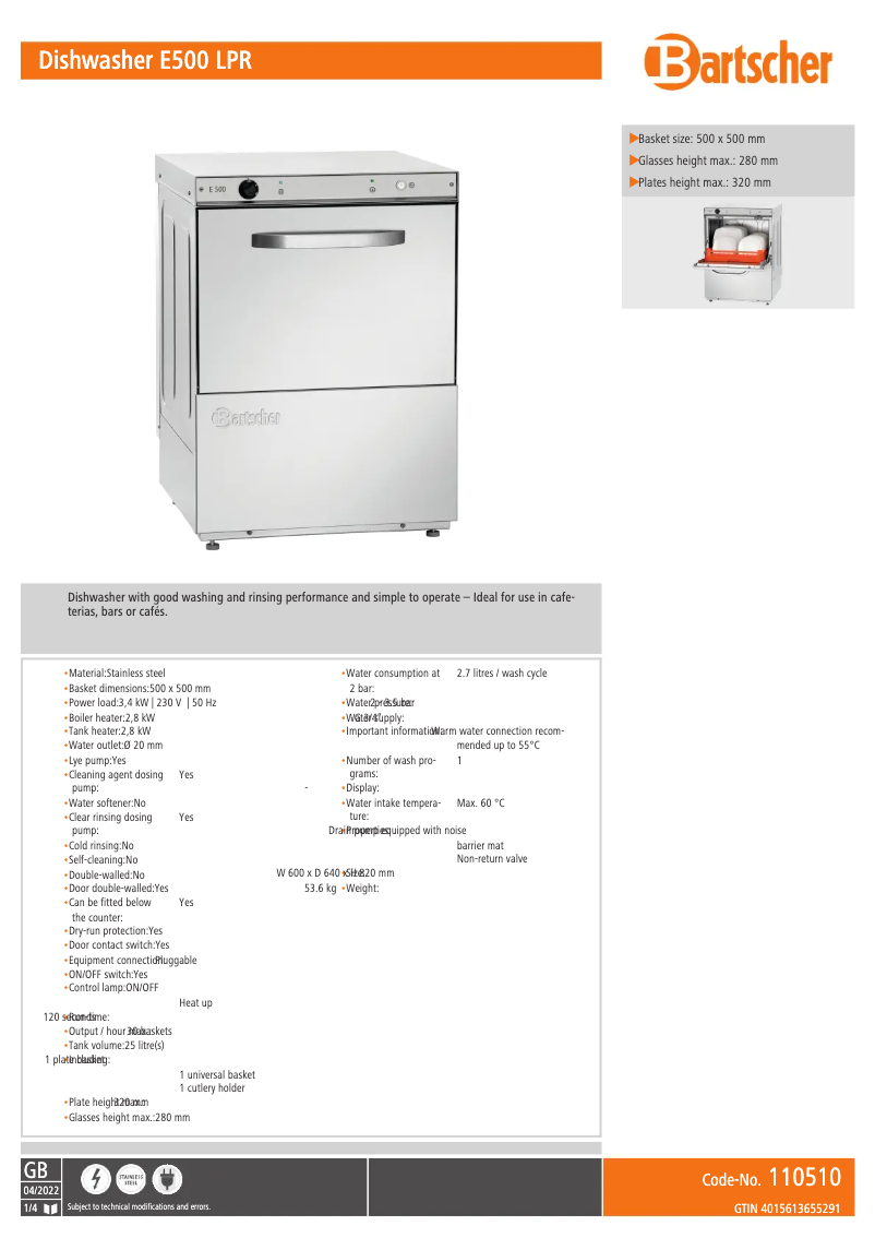 Página 1 del manual Ficha técnica Bartscher E500 LPR