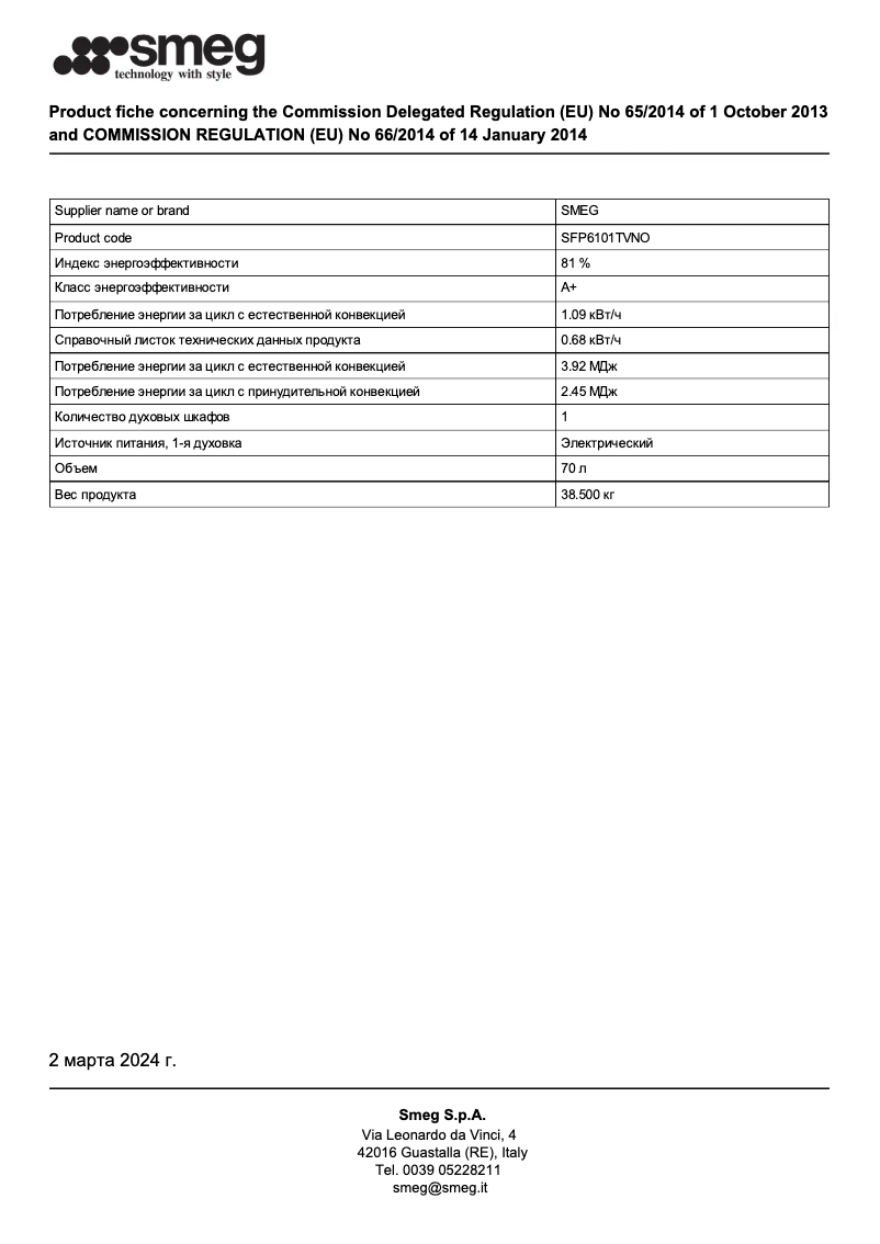 Página 1 del manual Ficha técnica Smeg SFP6101TVNO