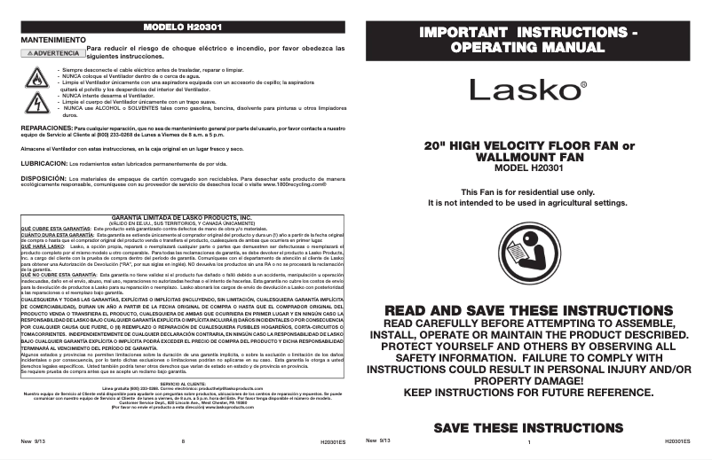 Page 1 of the manual User Manual Lasko Max Performance H20301