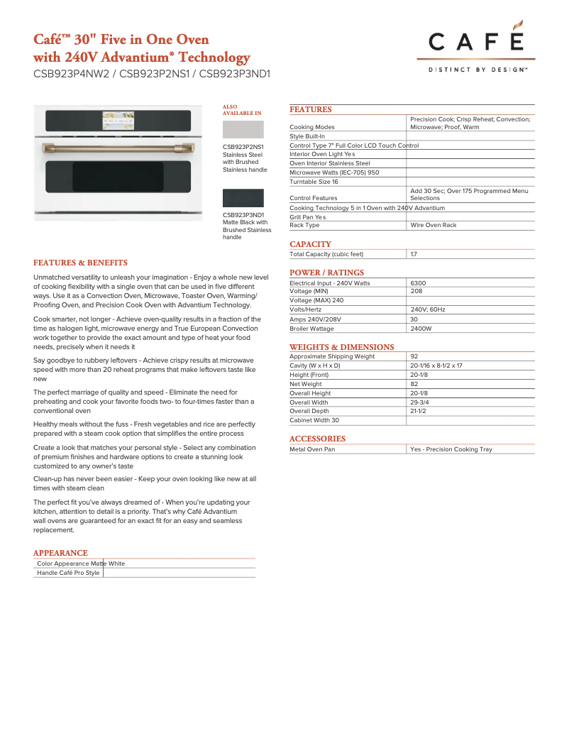 Page n°1 - Fiche technique GE CSB923P2NS1