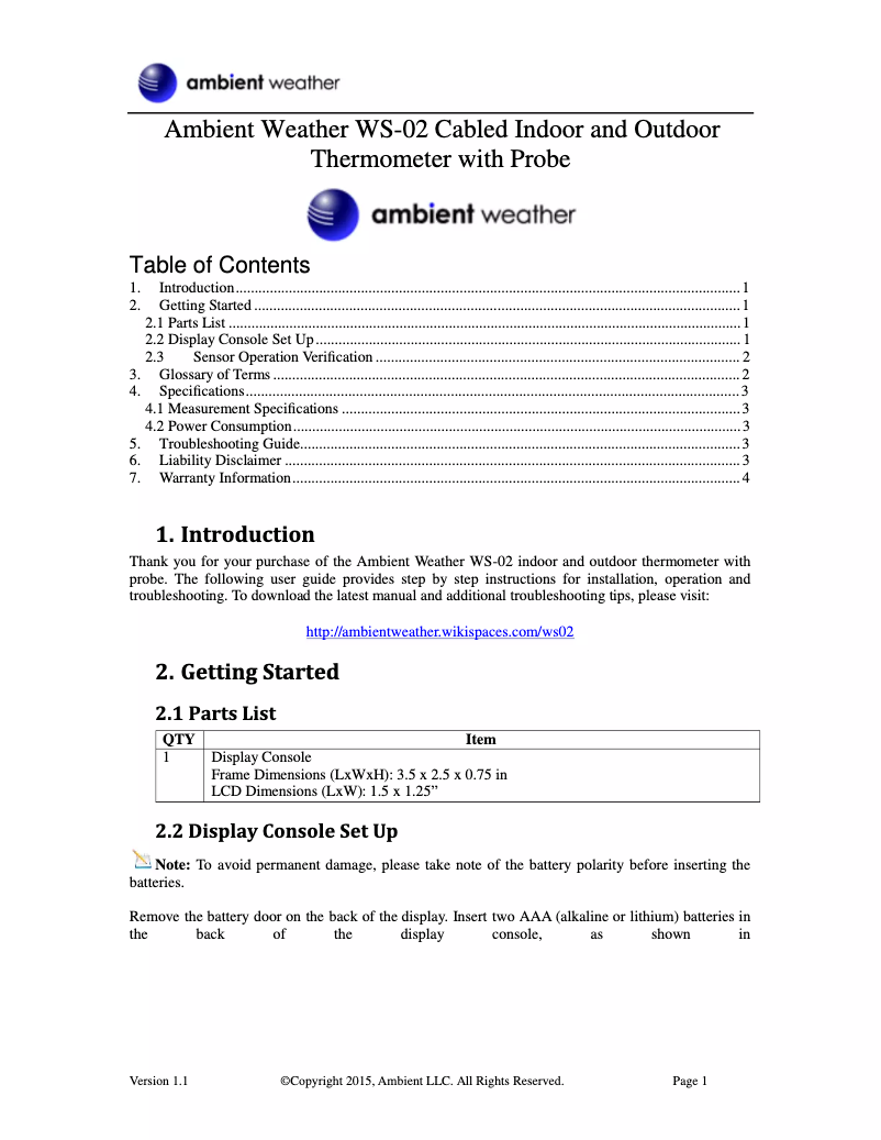Page 1 de la notice Manuel utilisateur Ambient Weather WS-02