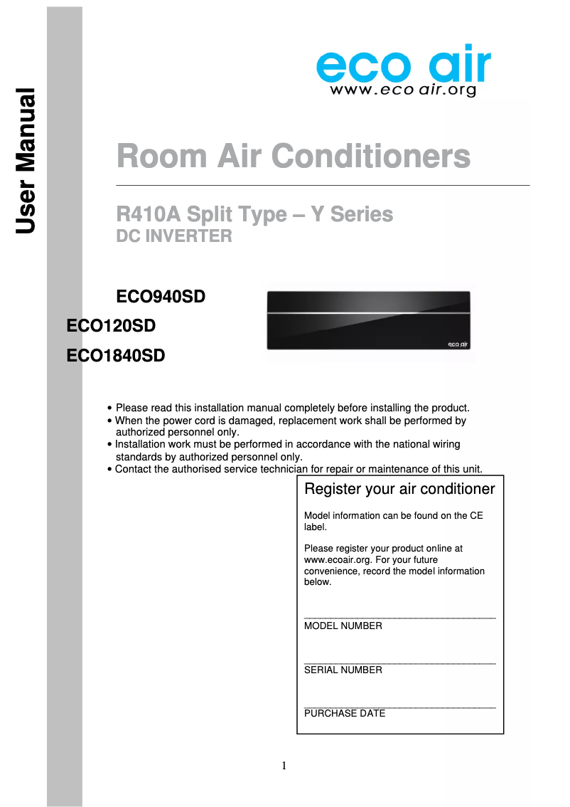 Página 1 del manual Manual de usuario EcoAir ECO940SD