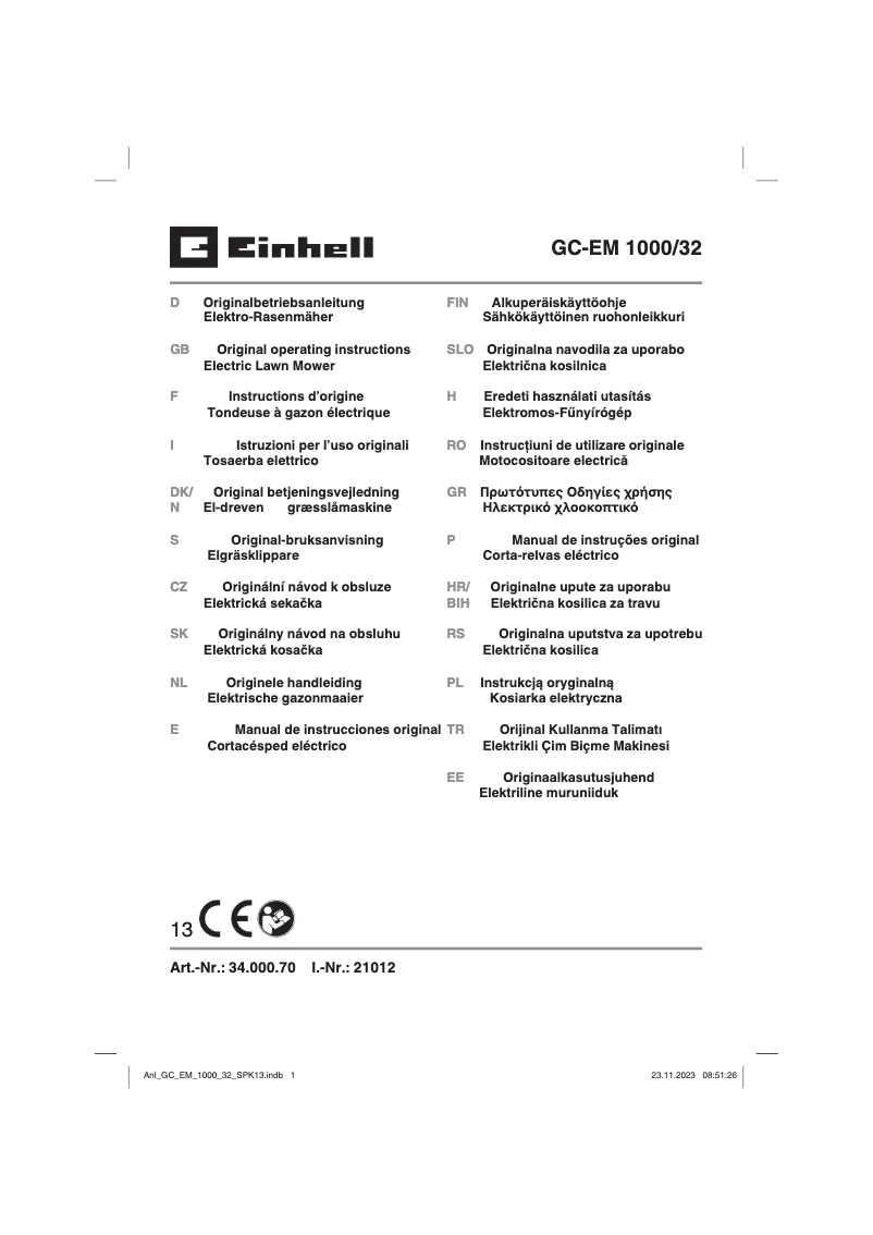 Page 1 de la notice Manuel utilisateur Einhell GC-EM 1000/32