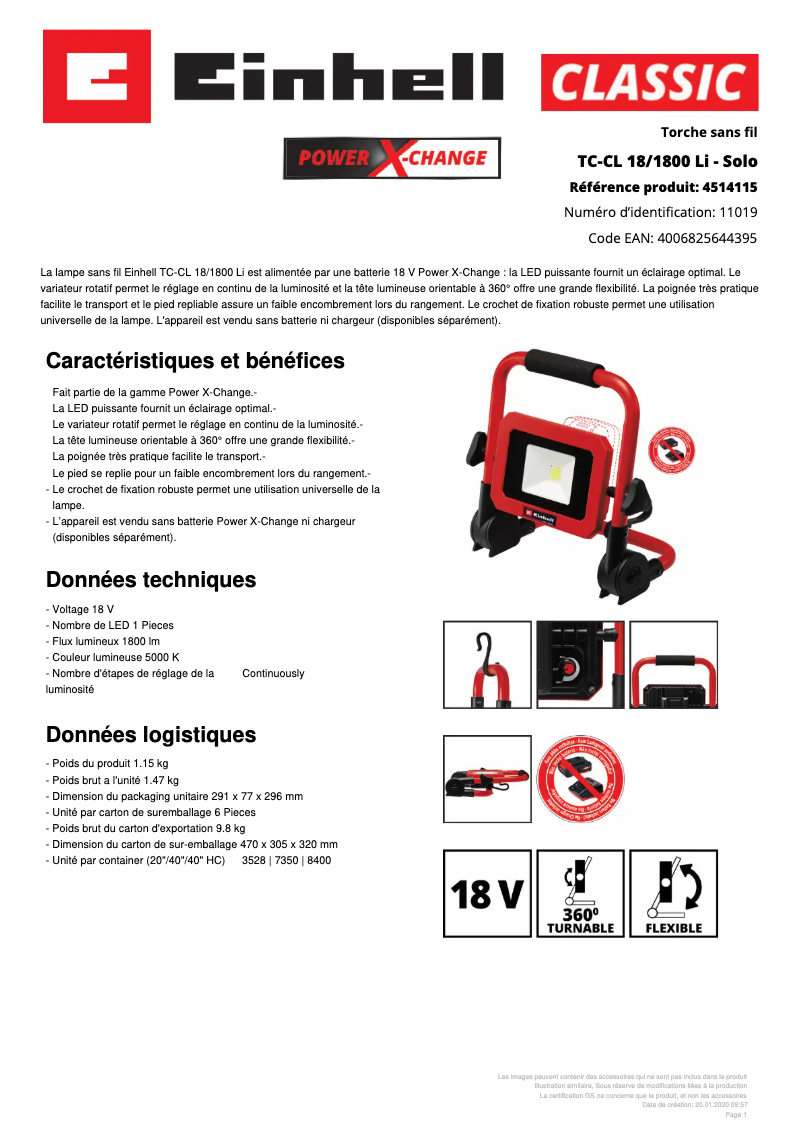 Page 1 de la notice Fiche technique Einhell TC-CL 18/1800 Li - Solo
