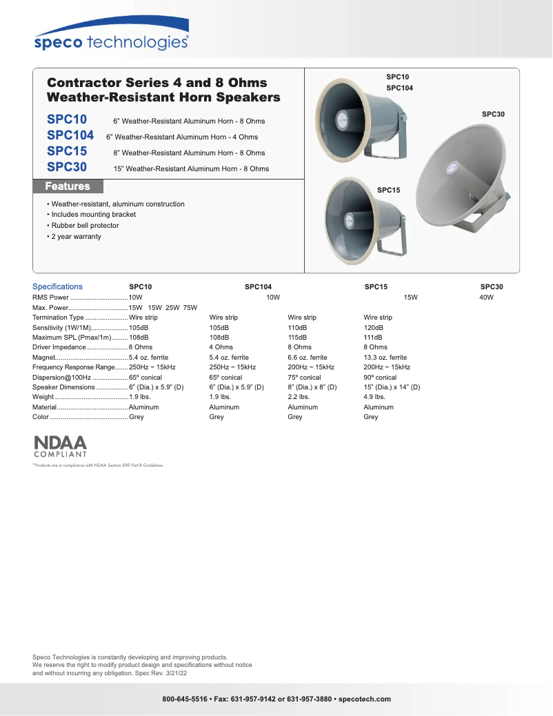 Page 1 de la notice Fiche technique Speco Technologies SPC10T