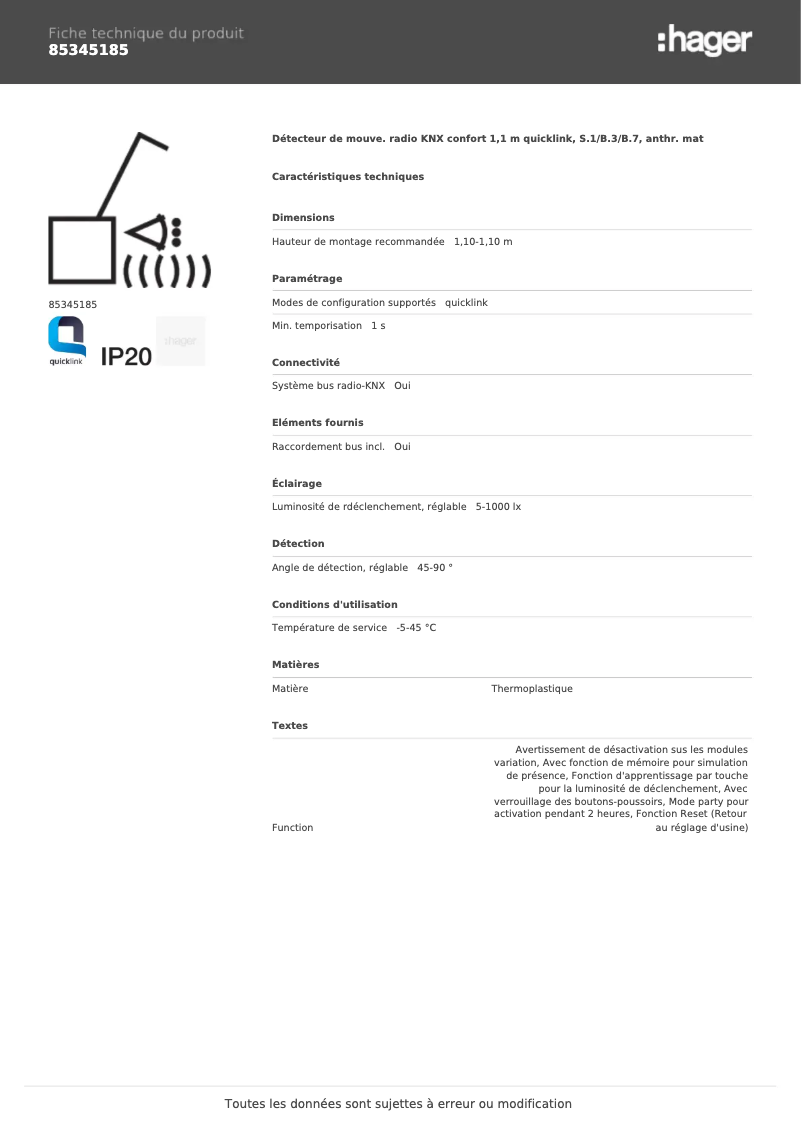 Page 1 de la notice Fiche technique Hager 85345185