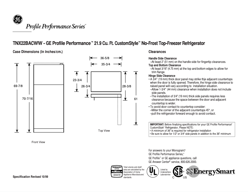 Page 1 de la notice Fiche technique GE Profile Performance TNX22BACLWW
