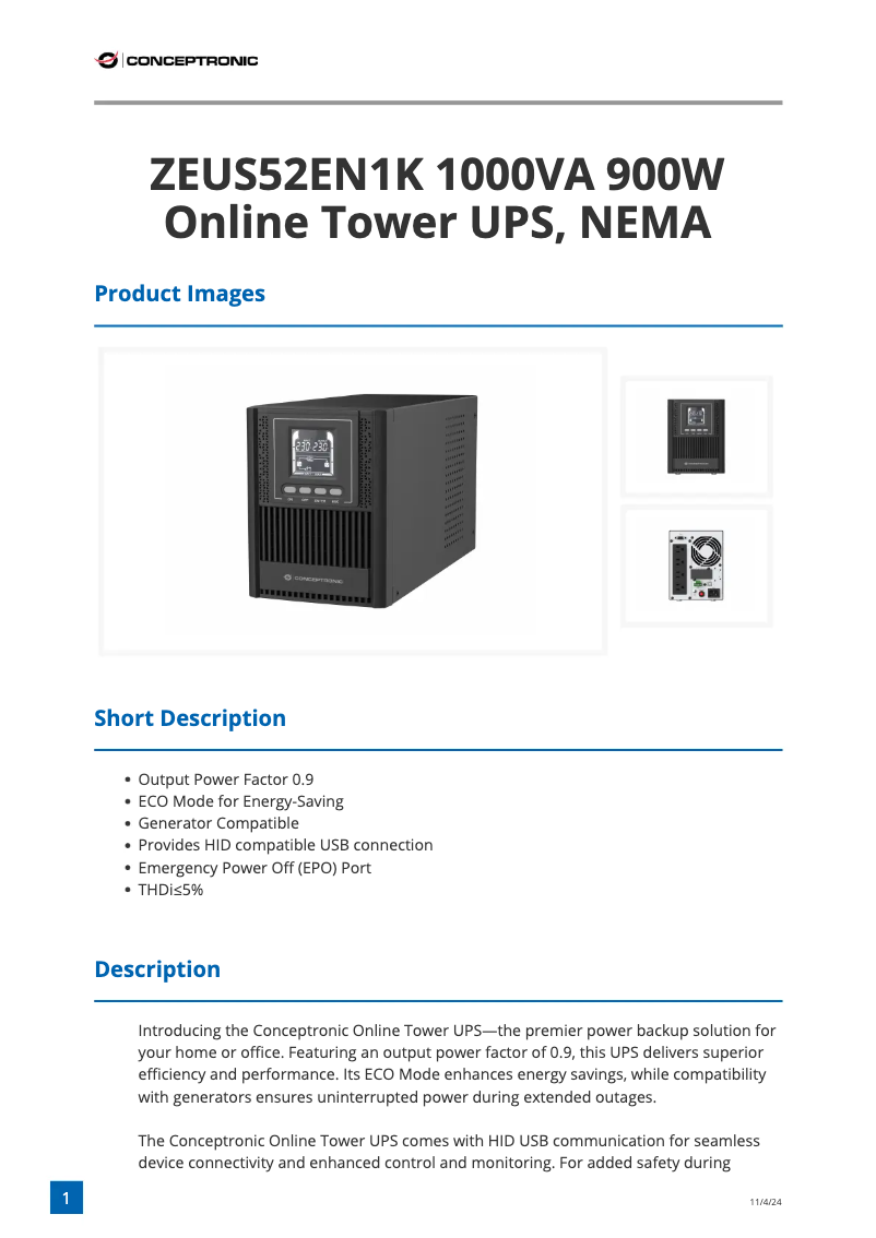Page 1 de la notice Fiche technique Conceptronic ZEUS52EN1K