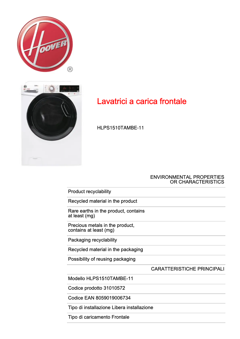 Página 1 del manual Ficha técnica Hoover Link Pro HLPS1510TAMBE-11