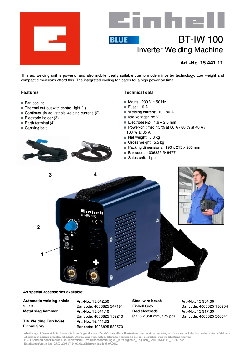 Page 1 de la notice Manuel utilisateur Einhell BT-IW 100