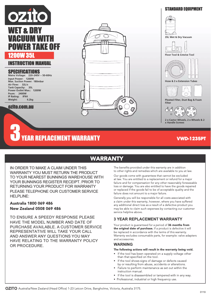 Página 1 del manual Manual de instrucciones Ozito VWD-1235PT